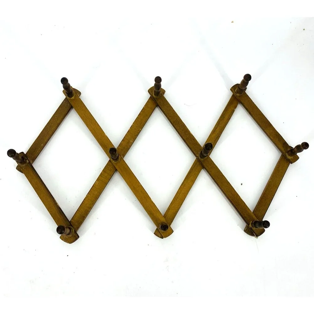 Vintage Wooden Accordion 10 Peg Rack Expandable Wall Coat Hat Hook Rustic